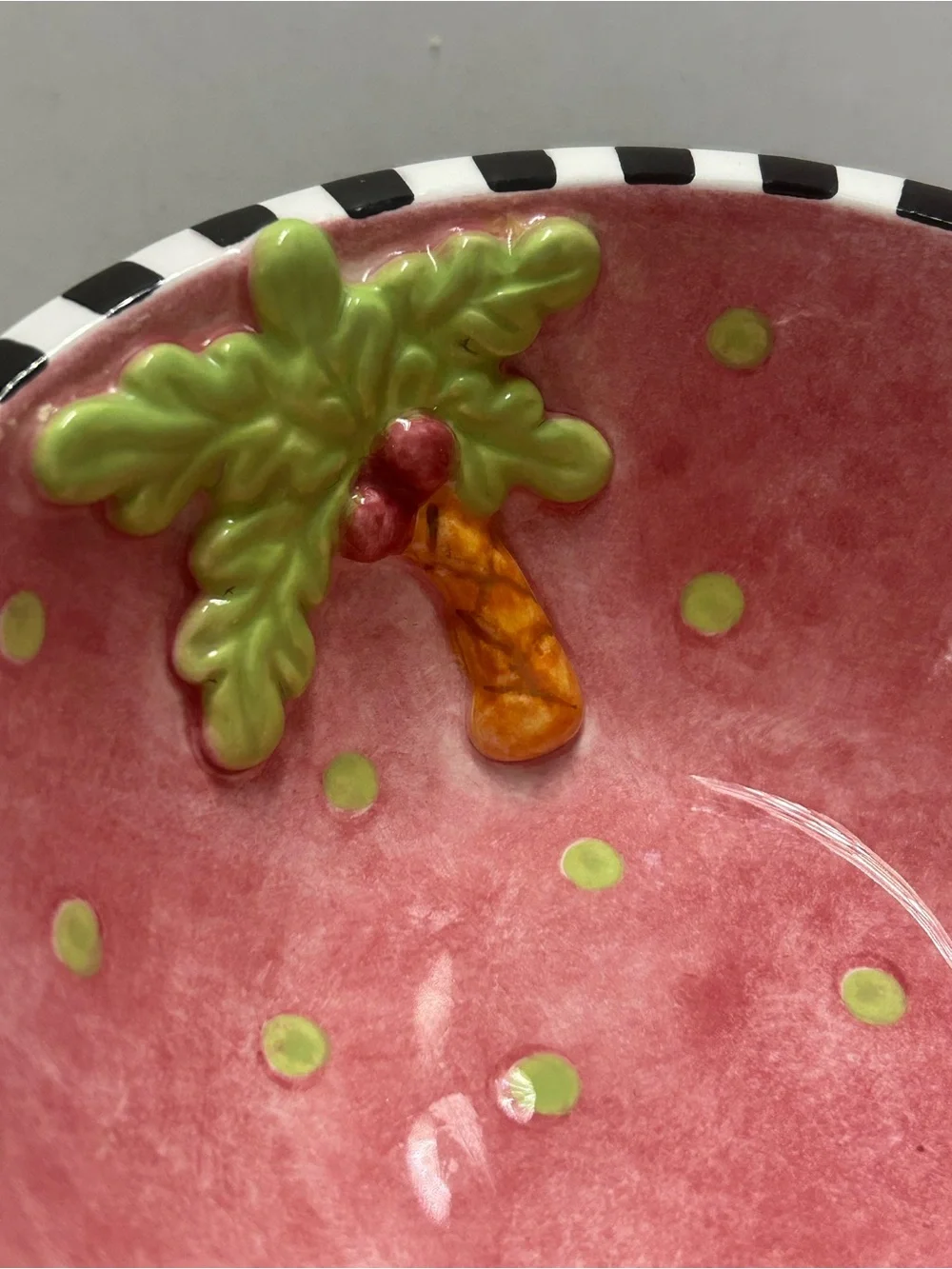 Hand Painted 3D Palm Tree Ceramic Bowl Checkered Rim Polka Dot Dish